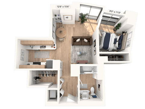 Floor plan for 1 bed, 1 bath, 613 sqft